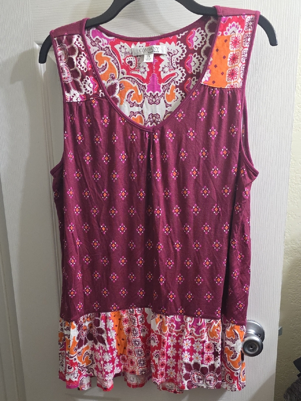 Ellen Tracy Plum Paisley Floral Mix V-Neck Sleeveless Tank Size 1X